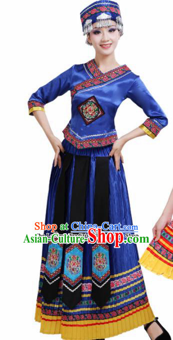 Chinese Yi Ethnic Minority Royalblue Embroidered Dress Traditional Zhuang Nationality Folk Dance Costumes for Women