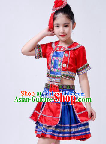 Chinese Traditional Yao Nationality Folk Dance Red Dress Ethnic Dance Costumes for Kids
