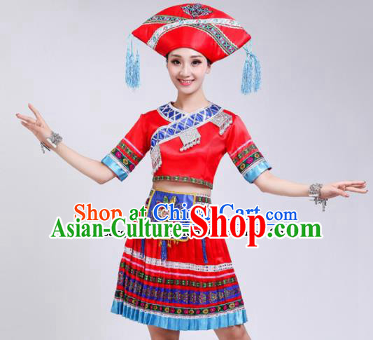 Chinese Zhuang Ethnic Minority Red Embroidered Dress Traditional Nationality Folk Dance Costumes for Women