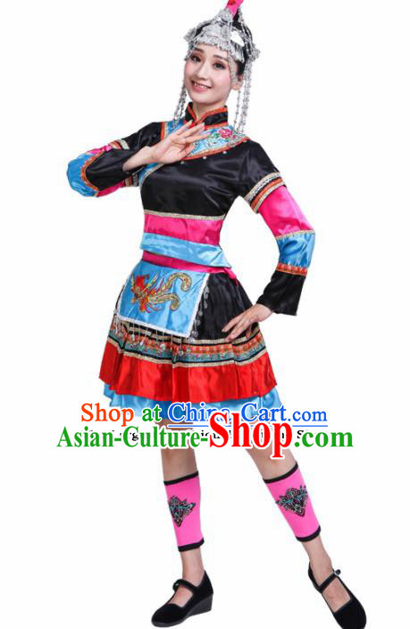 Chinese She Ethnic Minority Black Dress Traditional Nationality Folk Dance Costumes for Women