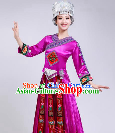 Chinese Hmong Ethnic Minority Rosy Dress Traditional Miao Nationality Folk Dance Costumes for Women