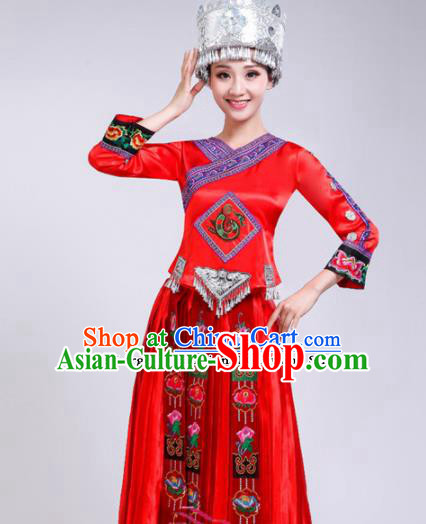 Chinese Hmong Ethnic Minority Red Dress Traditional Miao Nationality Folk Dance Costumes for Women