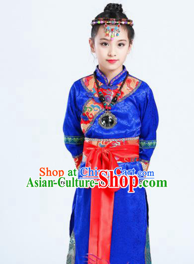 Chinese Traditional Mongolian Minority Folk Dance Clothing Ethnic Dance Royalblue Costumes for Kids