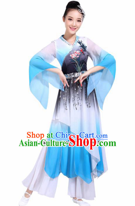 Chinese Traditional Folk Dance Blue Costumes Classical Dance Umbrella Dance Dress for Women