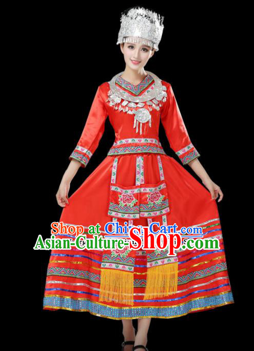 Chinese Hmong Ethnic Minority Red Dress Traditional Miao Nationality Folk Dance Costumes for Women