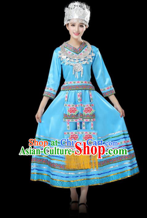 Chinese Hmong Ethnic Minority Blue Dress Traditional Miao Nationality Folk Dance Costumes for Women