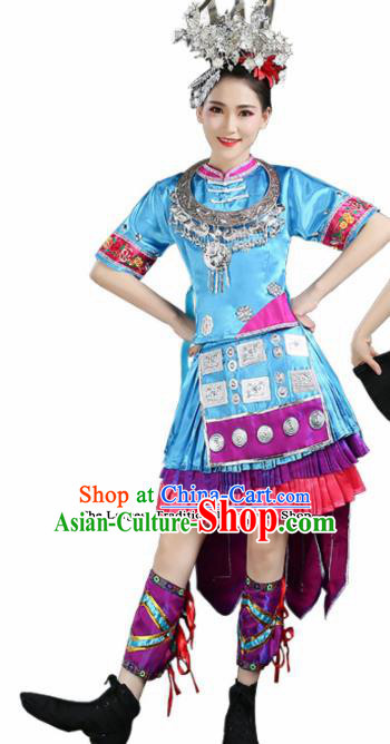 Chinese Hmong Ethnic Minority Blue Dress Traditional Miao Nationality Folk Dance Costumes for Women
