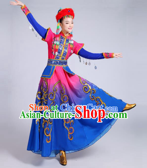 Chinese Traditional Mongolian Minority Folk Dance Blue Dress Mongols Ethnic Dance Costumes for Women
