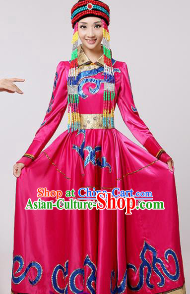 Chinese Traditional Mongolian Minority Folk Dance Rosy Dress Mongols Ethnic Dance Costumes for Women