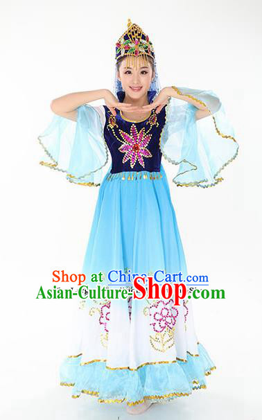 Chinese Traditional Uyghur Minority Blue Dress Uigurian Ethnic Folk Dance Costumes for Women