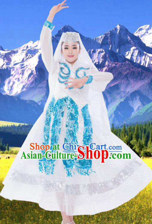 Chinese Traditional Hui Minority White Dress Ethnic Folk Dance Costumes for Women