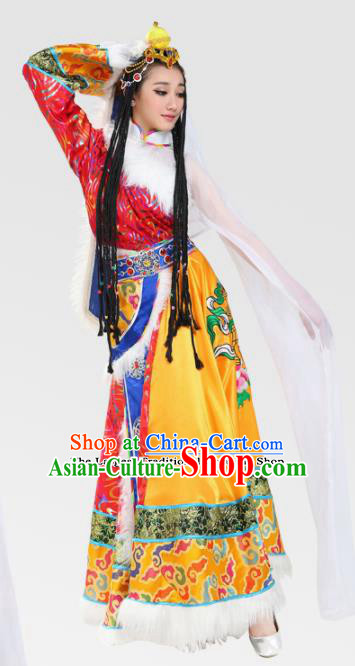 Chinese Traditional Zang Minority Dress Ethnic Folk Dance Costumes for Women