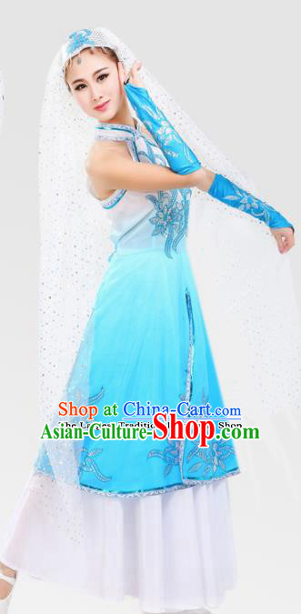 Chinese Traditional Hui Minority Blue Dress Ethnic Folk Dance Costumes for Women