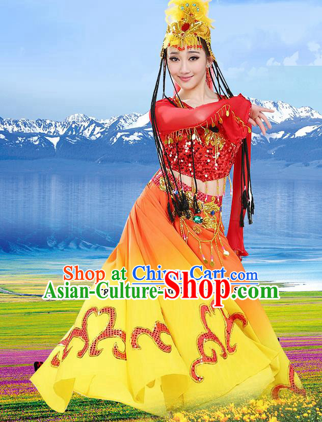 Chinese Traditional Uyghur Minority Red Dress Uigurian Ethnic Folk Dance Costumes for Women