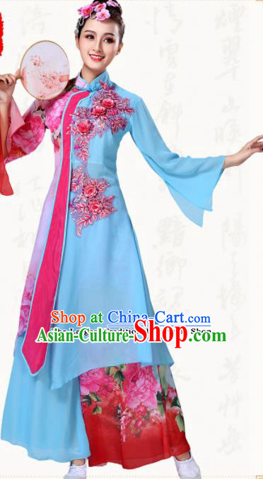 Chinese Traditional Classical Dance Group Dance Blue Dress Umbrella Dance Costumes for Women