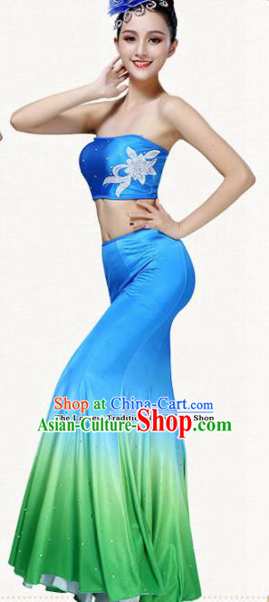 Chinese Traditional Dai Minority Pavane Blue Dress Ethnic Folk Dance Peacock Dance Costumes for Women