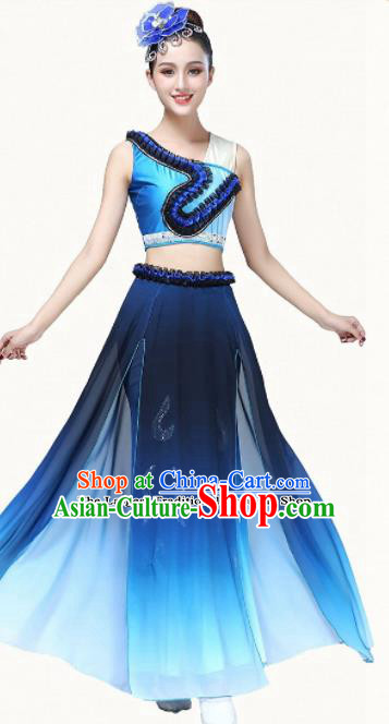 Chinese Traditional Classical Dance Blue Dress Group Dance Umbrella Dance Costumes for Women