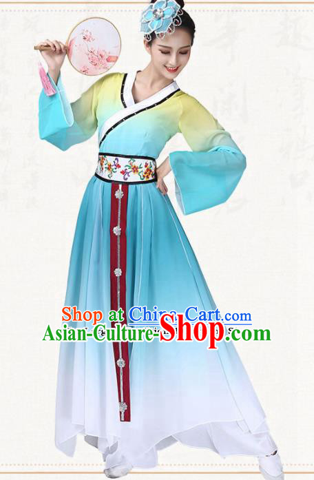 Chinese Traditional Classical Dance Blue Dress Umbrella Dance Group Dance Costumes for Women