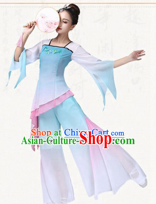 Chinese Traditional Folk Dance Yanko Dance Blue Dress Umbrella Dance Group Dance Costumes for Women