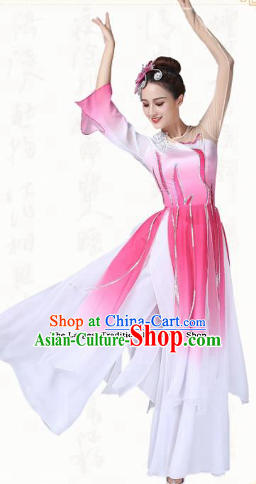 Chinese Traditional Folk Dance Yanko Dance Pink Dress Umbrella Dance Group Dance Costumes for Women