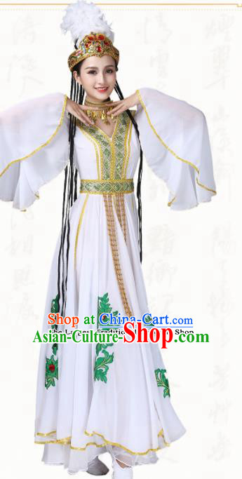 Chinese Traditional Uyghur Minority Dance White Dress Uigurian Ethnic Folk Dance Costumes for Women