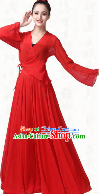 Chinese Traditional Classical Dance Red Chiffon Dress Fan Dance Group Dance Costumes for Women