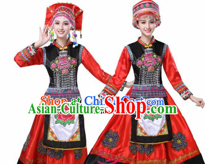 Chinese Ethnic Minority Red Dress Traditional Yi Nationality Folk Dance Costumes for Women