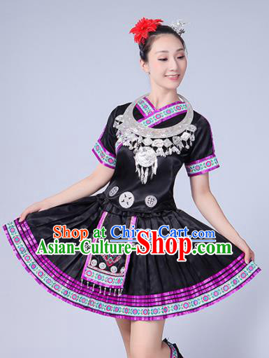 Chinese Ethnic Minority Black Dress Traditional Yi Nationality Folk Dance Costumes for Women