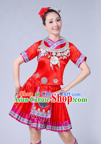 Chinese Ethnic Minority Red Short Dress Traditional Yi Nationality Folk Dance Costumes for Women