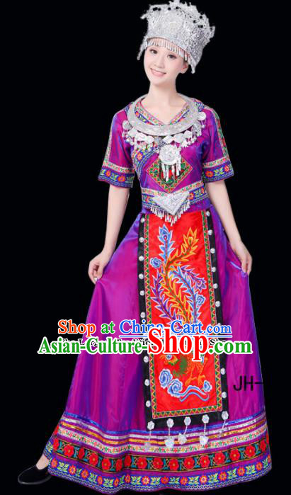 Chinese Ethnic Minority Purple Dress Traditional Miao Nationality Folk Dance Costumes for Women