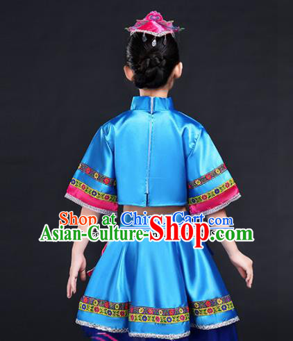 Chinese Traditional Miao Minority Folk Dance Clothing Ethnic Dance Blue Dress for Kids