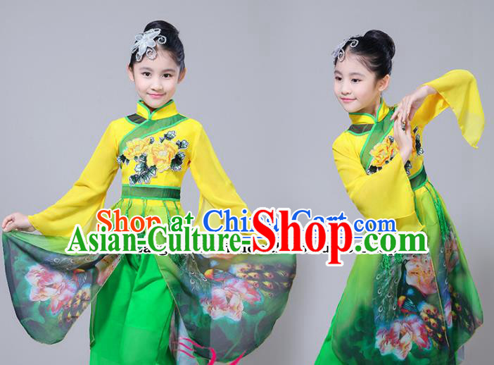 Chinese Traditional Folk Dance Green Dress Classical Dance Umbrella Dance Costumes for Kids