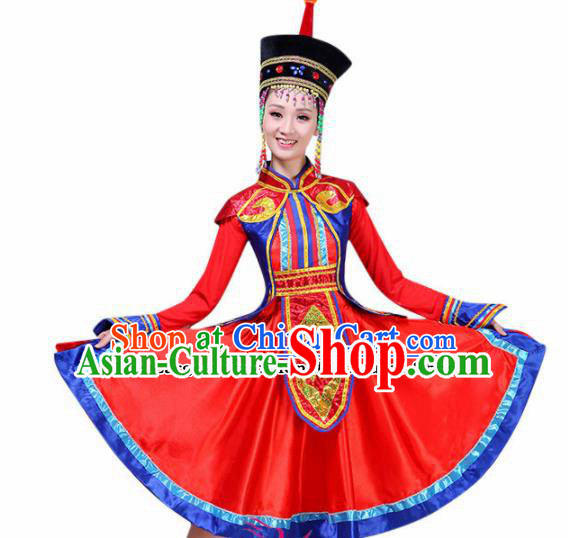 Chinese Mongolian Ethnic Minority Embroidered Red Dress Traditional Mongols Nationality Folk Dance Costumes for Women