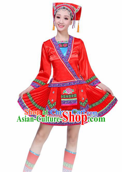 Chinese Yi Ethnic Minority Embroidered Red Dress Traditional Nationality Folk Dance Costumes for Women