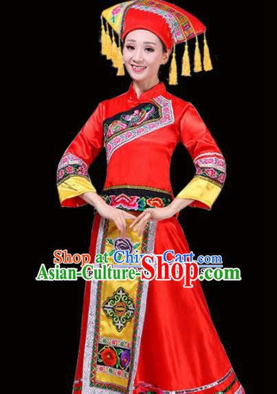 Chinese Yi Ethnic Minority Embroidered Red Dress Traditional Nationality Folk Dance Costumes for Women