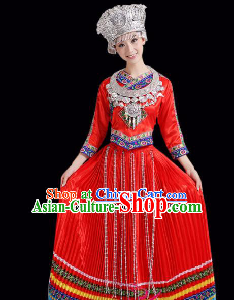 Chinese Miao Ethnic Minority Embroidered Red Dress Traditional Hmong Nationality Folk Dance Costumes for Women