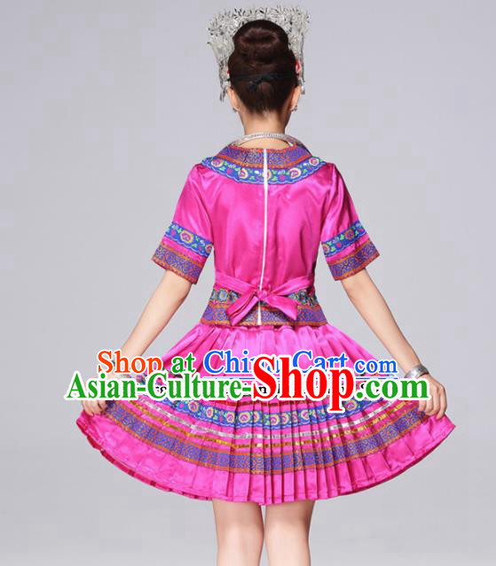 Chinese Miao Ethnic Minority Embroidered Rosy Short Dress Traditional Hmong Nationality Folk Dance Costumes for Women