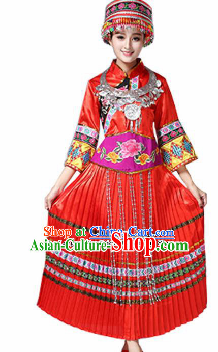 Chinese Miao Ethnic Embroidered Red Dress Traditional Hmong Nationality Folk Dance Costumes for Women