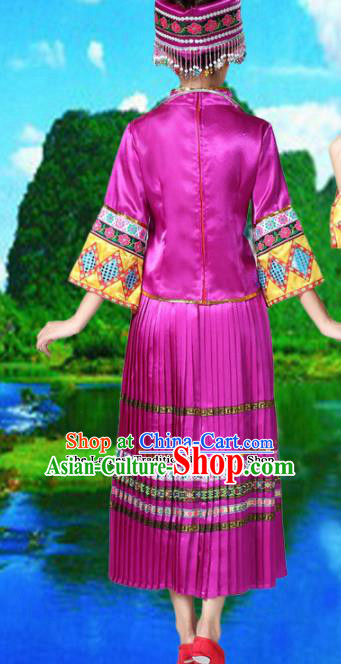 Chinese Miao Ethnic Embroidered Purple Dress Traditional Hmong Nationality Folk Dance Costumes for Women