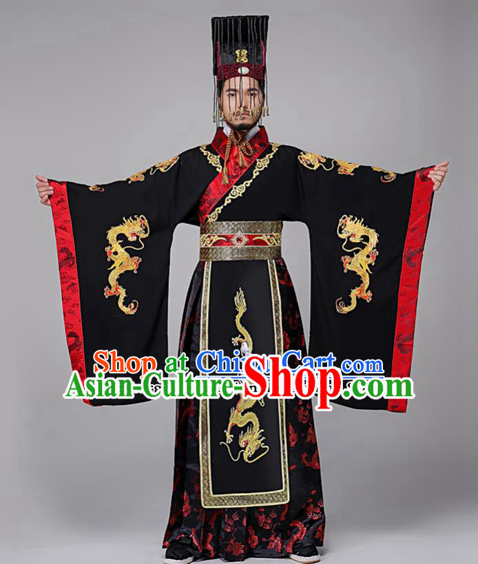 Traditional Chinese Drama Qin Dynasty First Emperor Costumes Ancient Emperor Imperial Robe and Headwear for Men