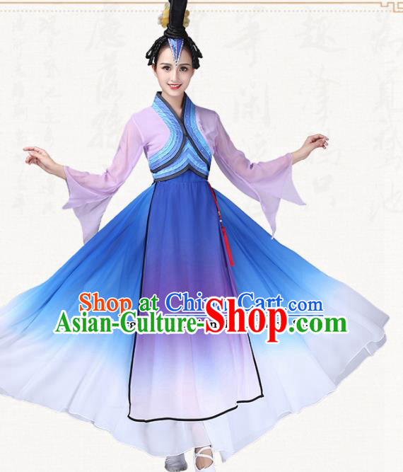 Chinese Traditional Classical Dance Fan Dance Blue Dress Group Dance Costumes for Women