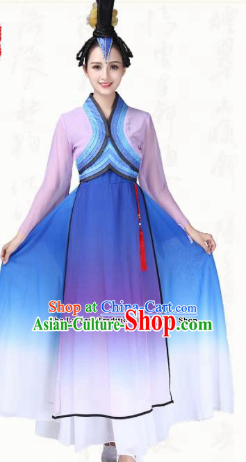 Chinese Traditional Classical Dance Fan Dance Blue Dress Group Dance Costumes for Women