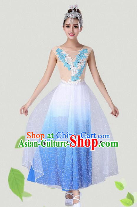 Chinese Traditional Classical Dance Blue Dress Group Dance Costumes for Women