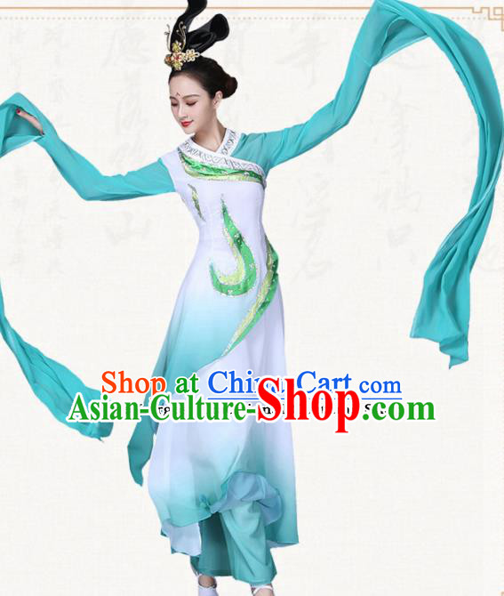 Chinese Traditional Classical Dance Green Water Sleeve Dress Ancient Group Dance Costumes for Women