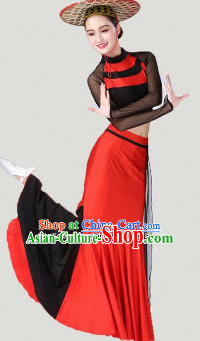 Traditional Chinese Dai Nationality Red Dress Ethnic Peacock Dance Folk Dance Costumes for Women