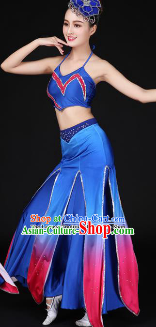 Traditional Chinese Dai Nationality Blue Dress Ethnic Peacock Dance Folk Dance Costumes for Women