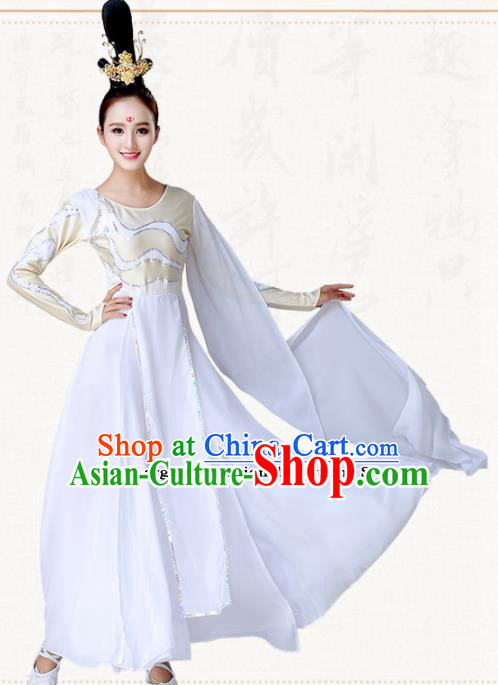 Chinese Traditional Classical Dance Umbrella Dance White Dress Group Dance Costumes for Women