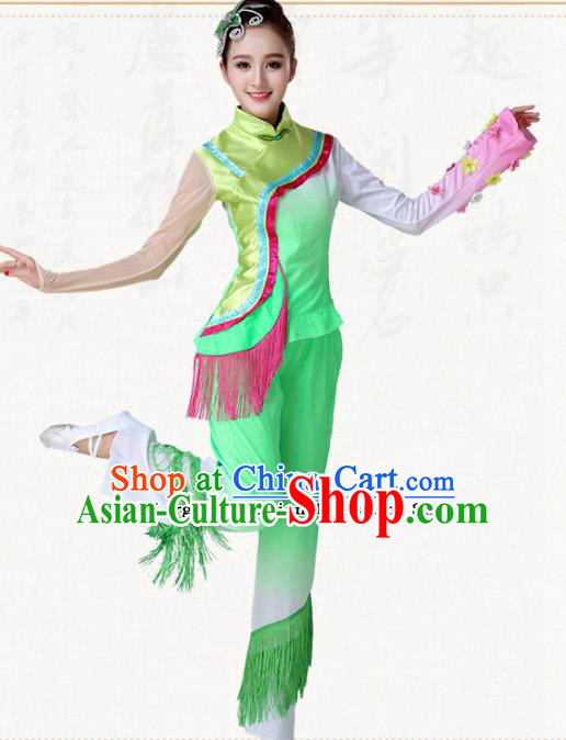 Chinese Traditional Classical Dance Yangko Green Dress Fan Dance Group Dance Costumes for Women