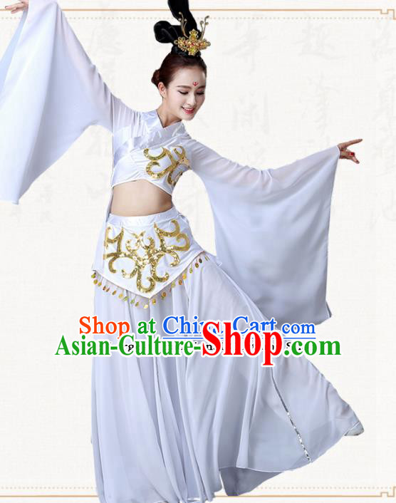 Traditional Chinese Classical Dance Umbrella Dance White Dress Group Dance Costumes for Women