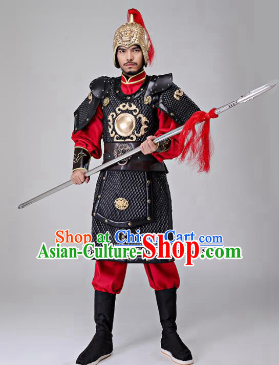 Traditional Chinese Han Dynasty Drama General Costumes Ancient Warrior Helmet and Body Armour for Men